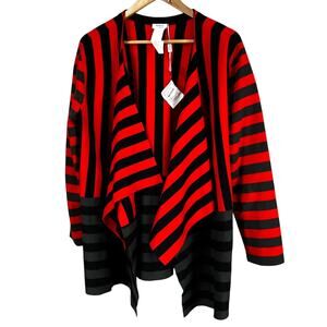 Akris Punto Red Grey Black Striped Wool Blend Cardigan Women's Size 16 NWT